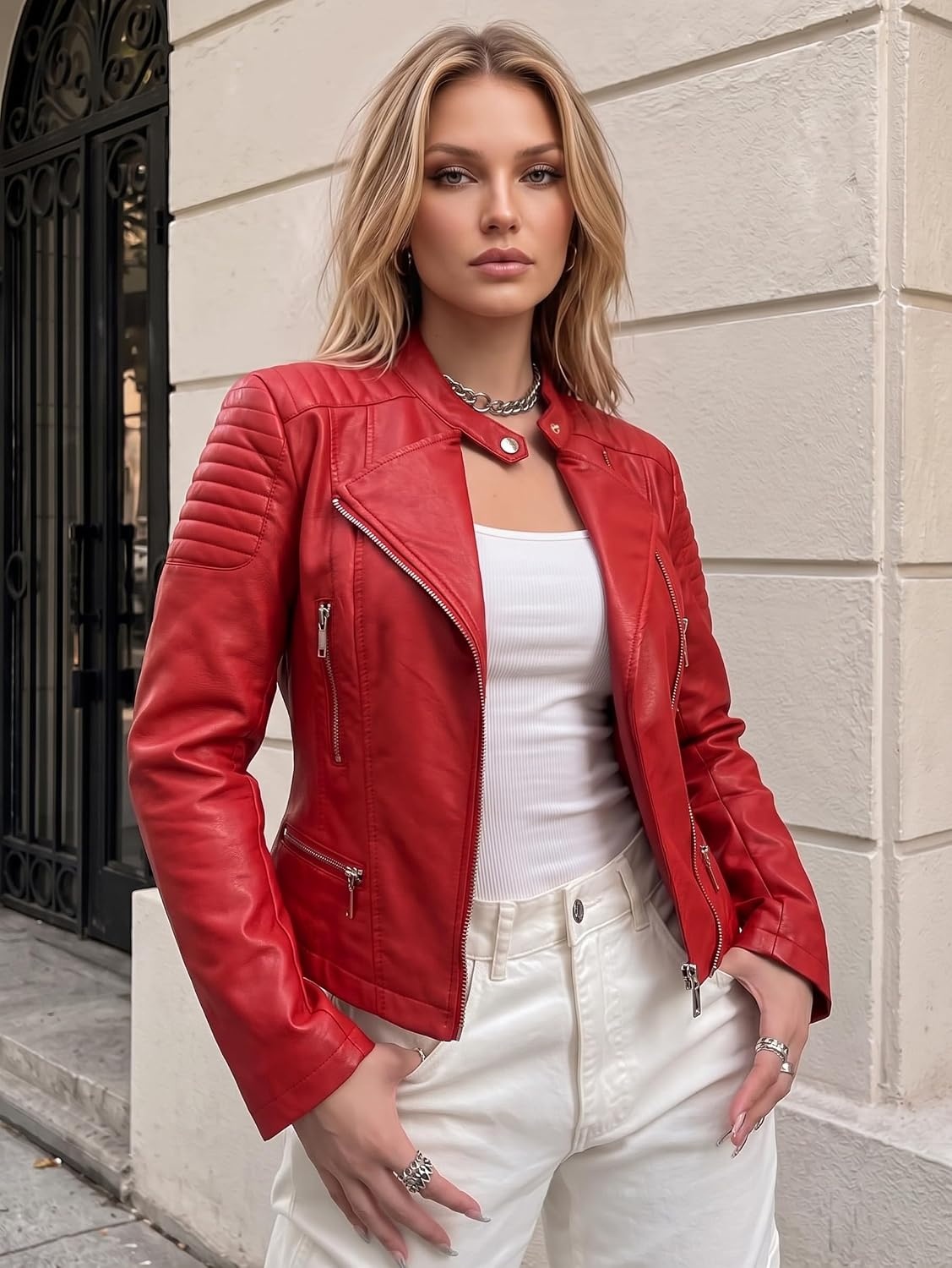 image:imageOlivia Miller Womens Faux Leather Moto JacketRed