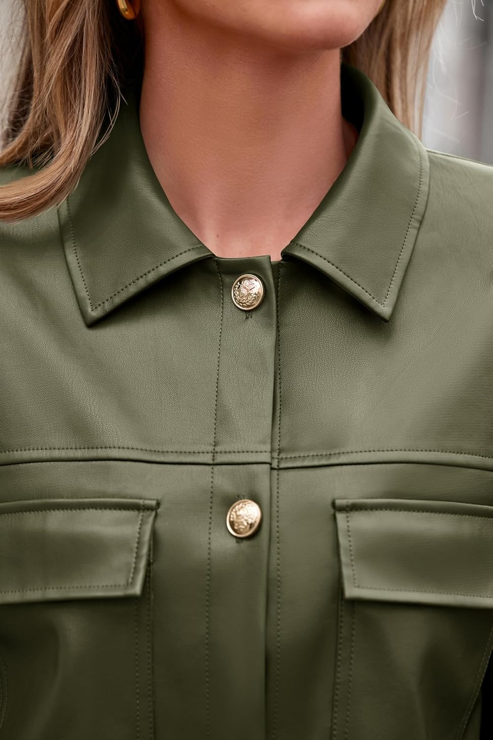 image:imagePRETTYGADEN Womens Button Down Faux Leather JacketArmy Green