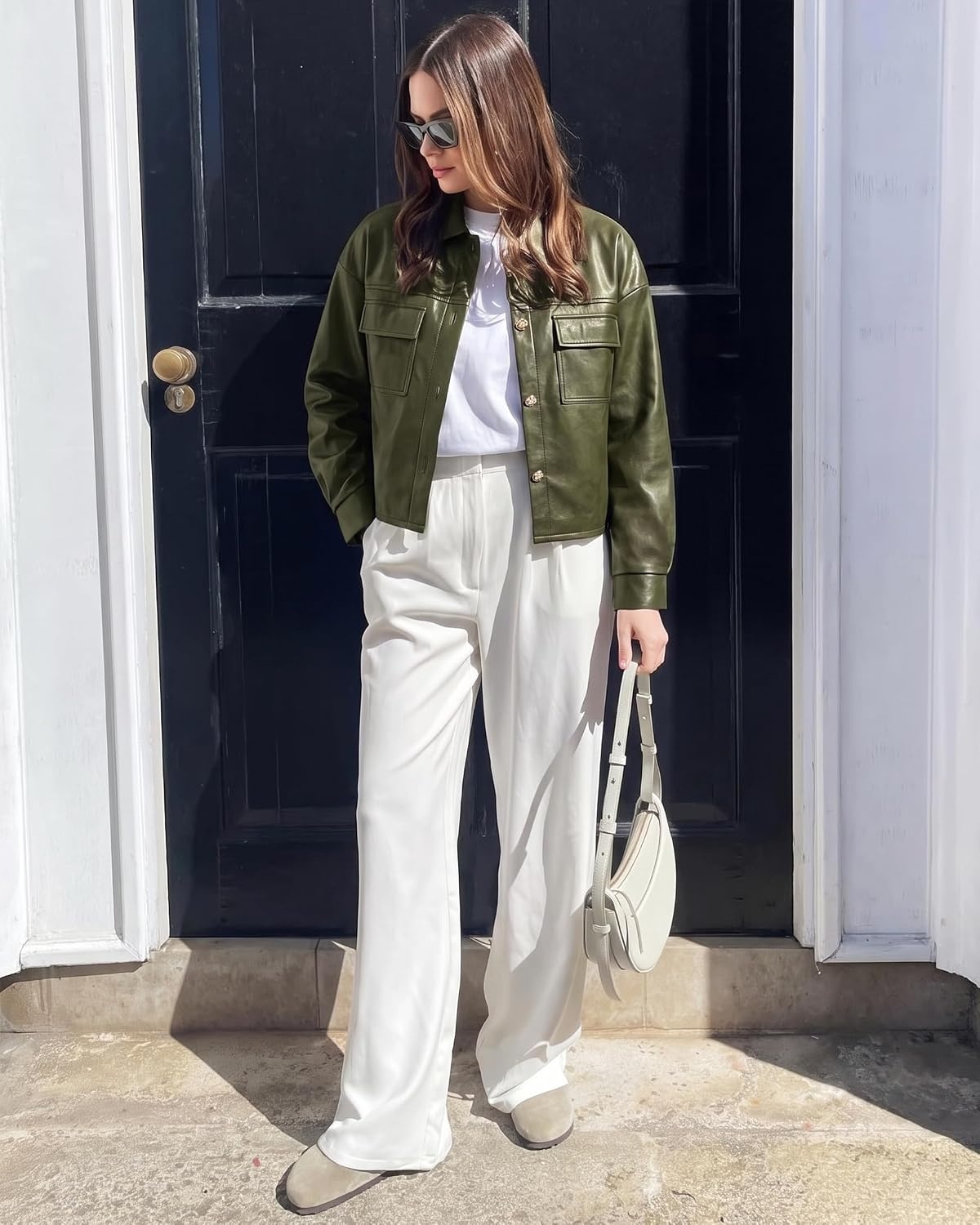 image:imagePRETTYGADEN Womens Button Down Faux Leather JacketArmy Green