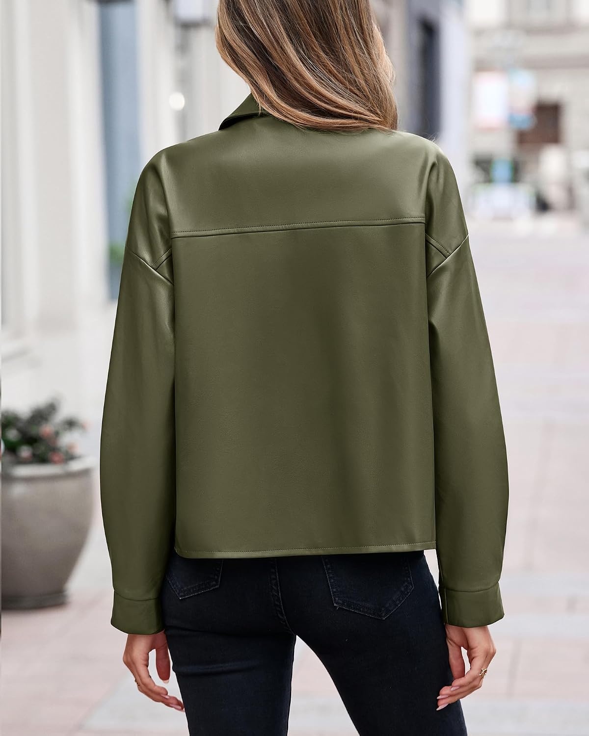 image:imagePRETTYGADEN Womens Button Down Faux Leather JacketArmy Green