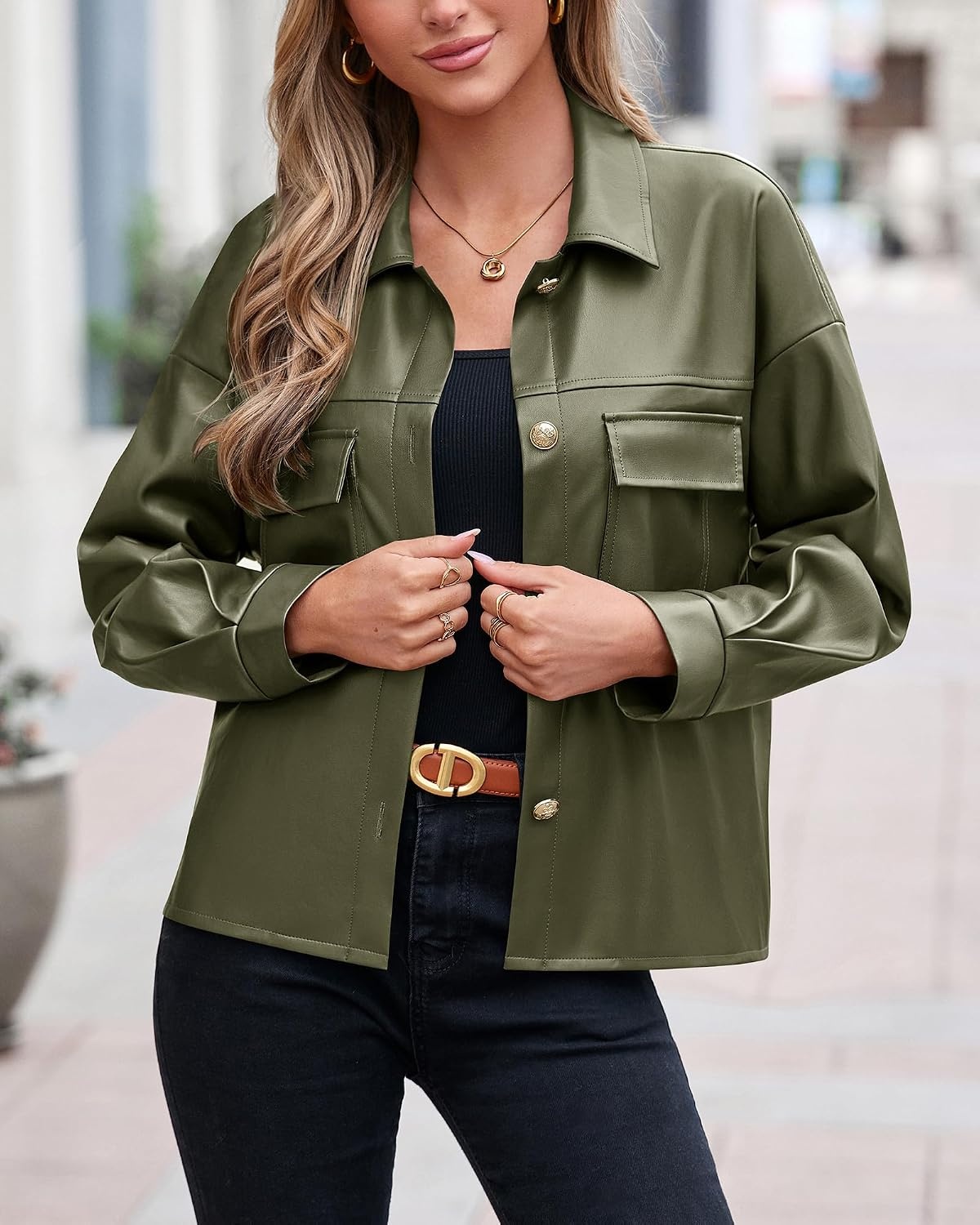 image:imagePRETTYGADEN Womens Button Down Faux Leather JacketArmy Green