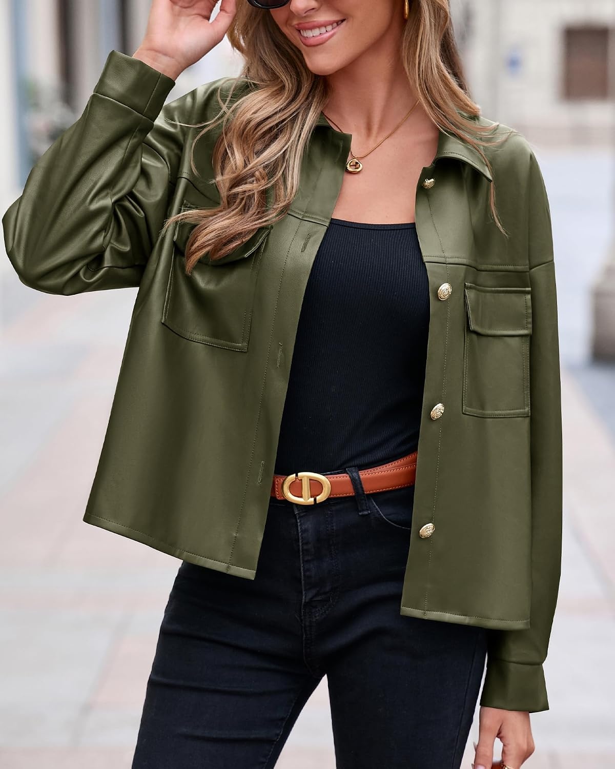 image:imagePRETTYGADEN Womens Button Down Faux Leather JacketArmy Green