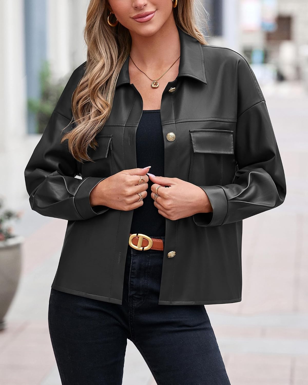 image:imagePRETTYGADEN Womens Button Down Faux Leather JacketBlack