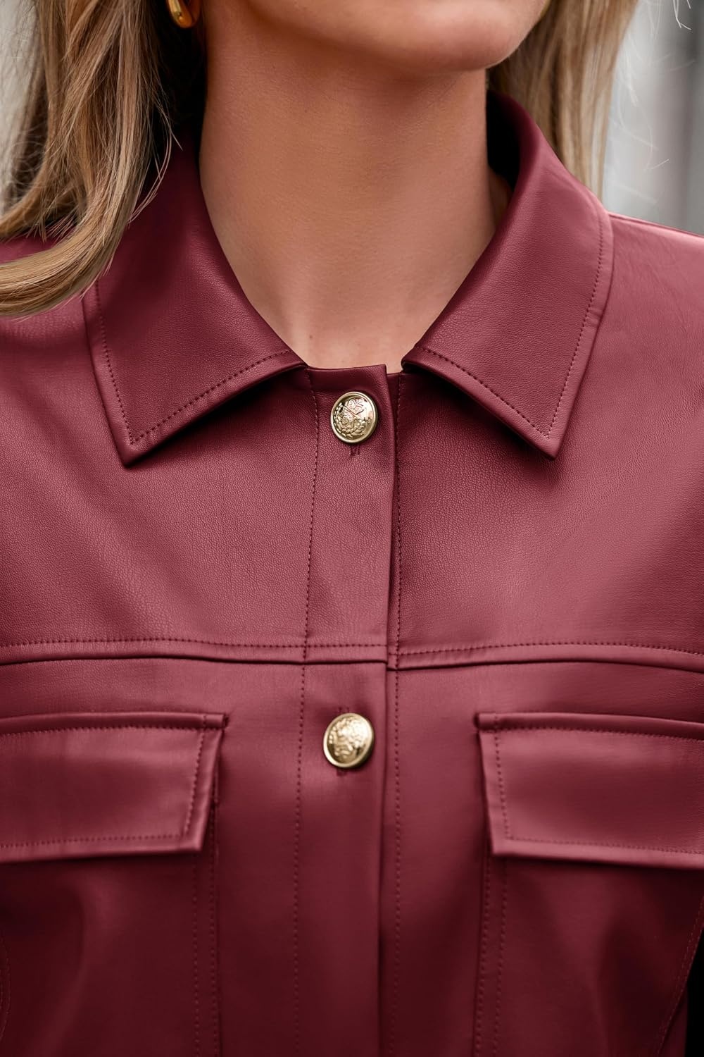 image:imagePRETTYGADEN Womens Button Down Faux Leather JacketBurgundy
