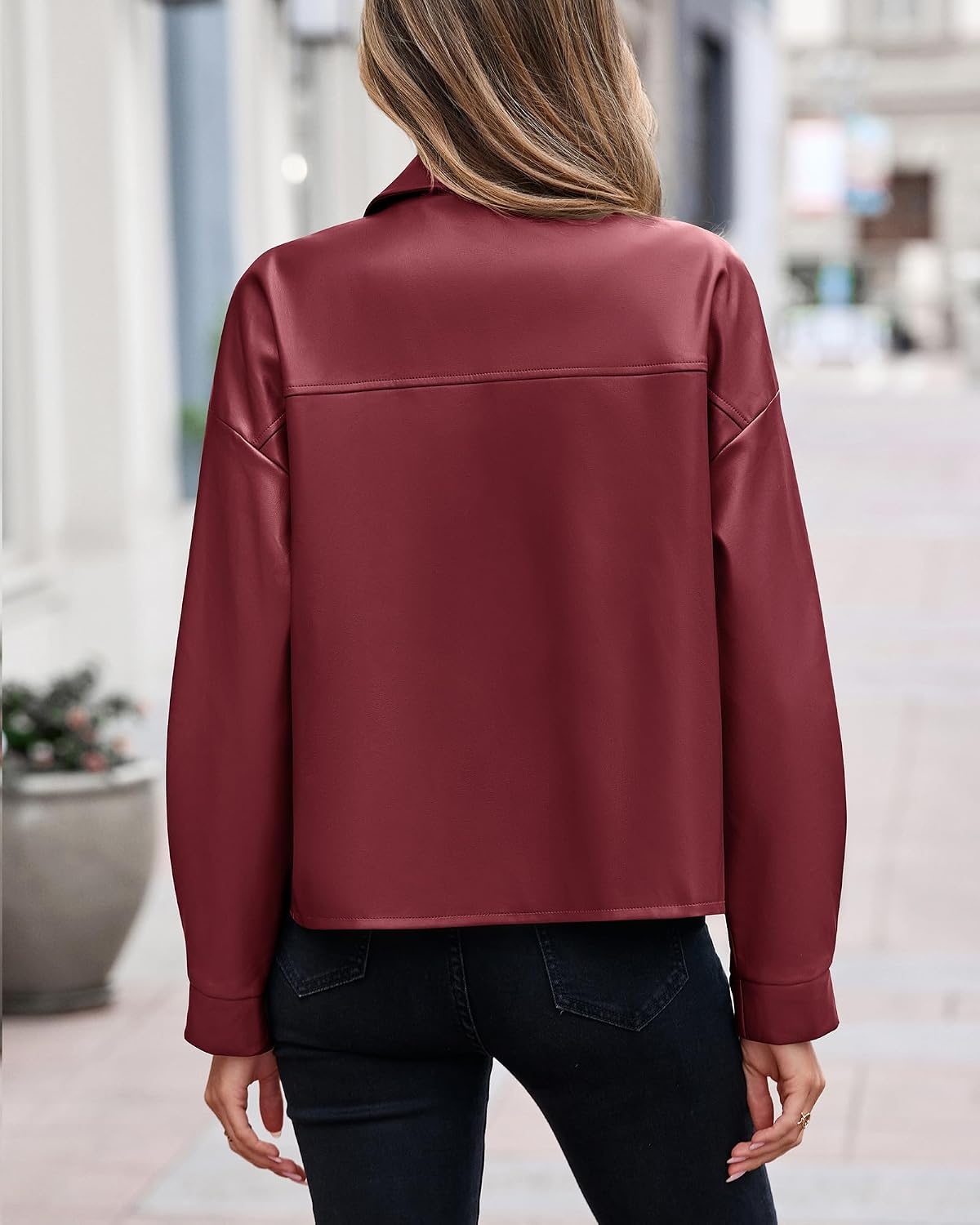 image:imagePRETTYGADEN Womens Button Down Faux Leather JacketBurgundy