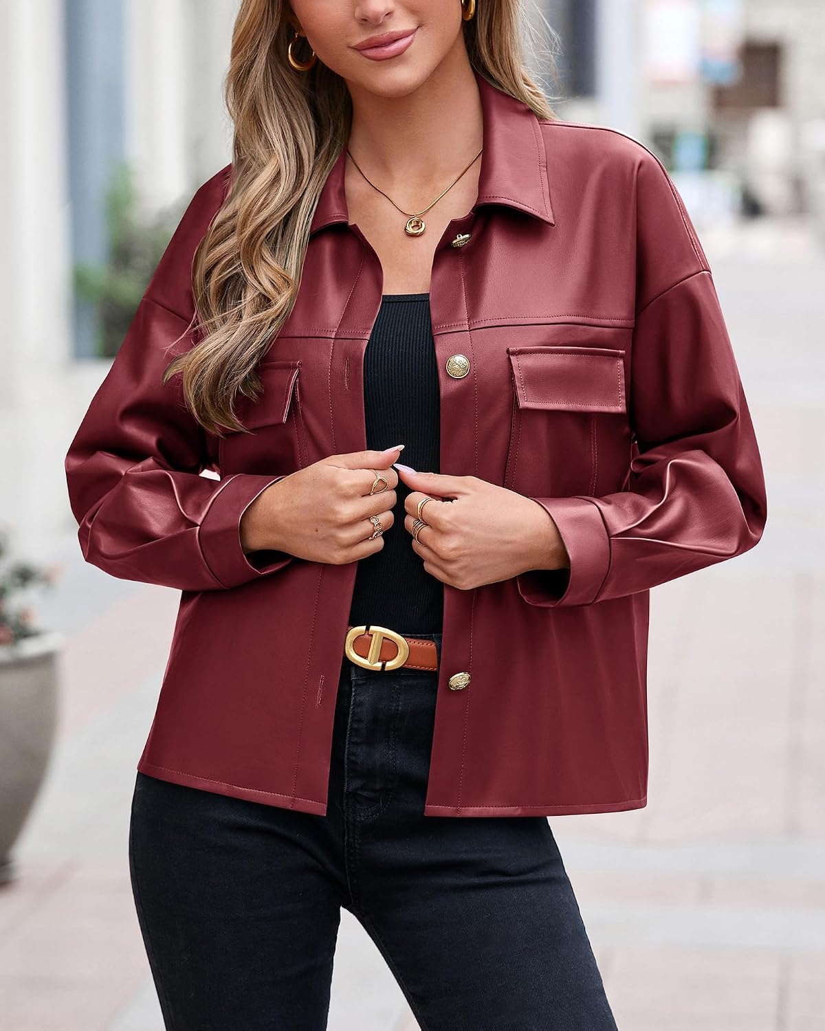image:imagePRETTYGADEN Womens Button Down Faux Leather JacketBurgundy