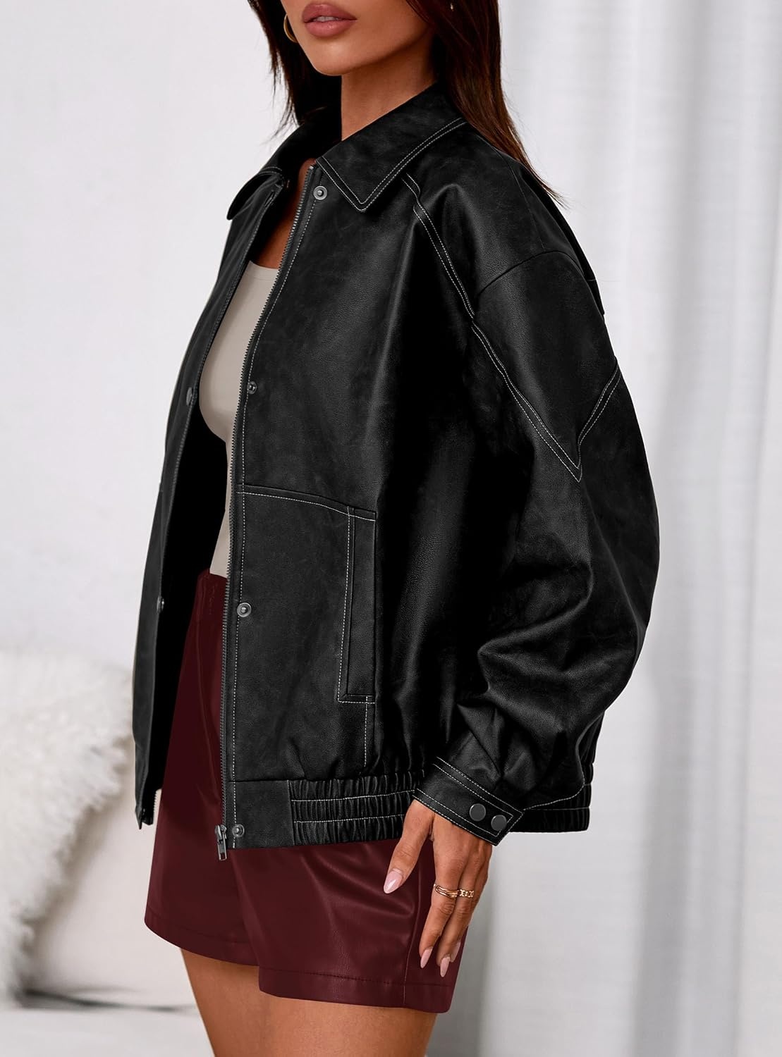 image:imagePRETTYGARDEN Womens Oversized Faux Leather Jacket Fall Winter OutfitsBlack