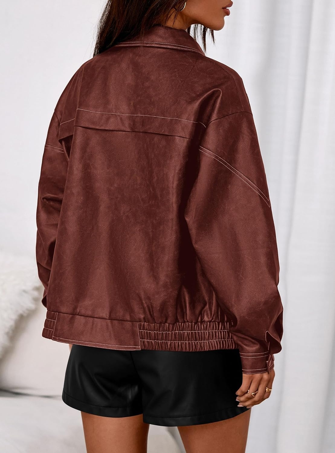 image:imagePRETTYGARDEN Womens Oversized Faux Leather Jacket Fall Winter OutfitsBrick Red