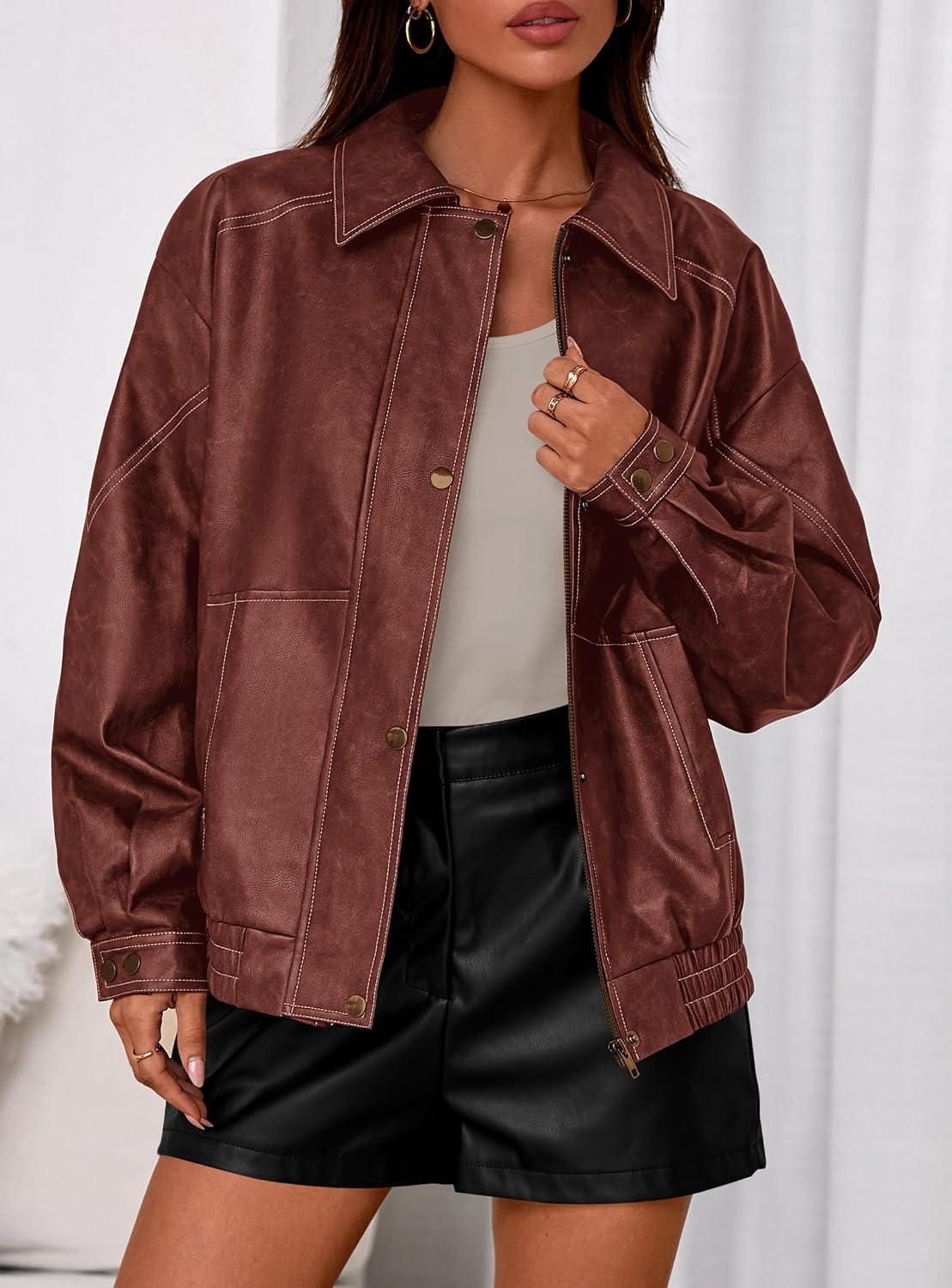 image:imagePRETTYGARDEN Womens Oversized Faux Leather Jacket Fall Winter OutfitsBrick Red