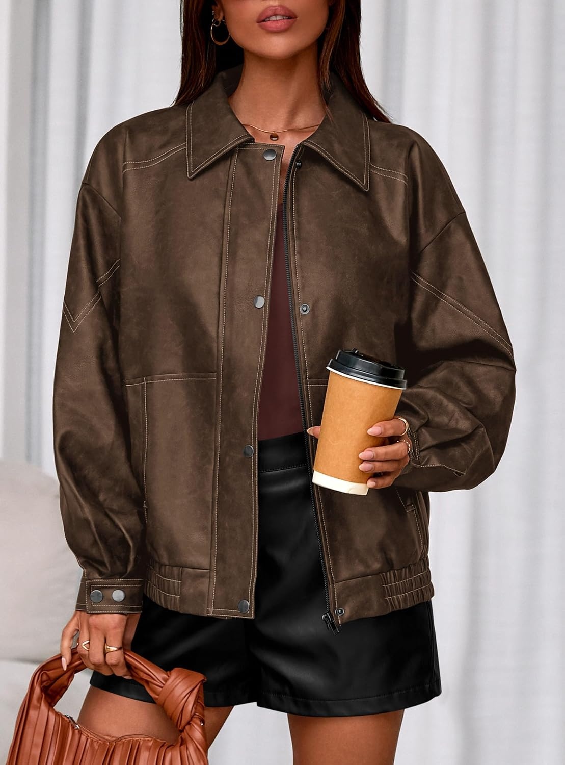 image:imagePRETTYGARDEN Womens Oversized Faux Leather Jacket Fall Winter OutfitsBrown