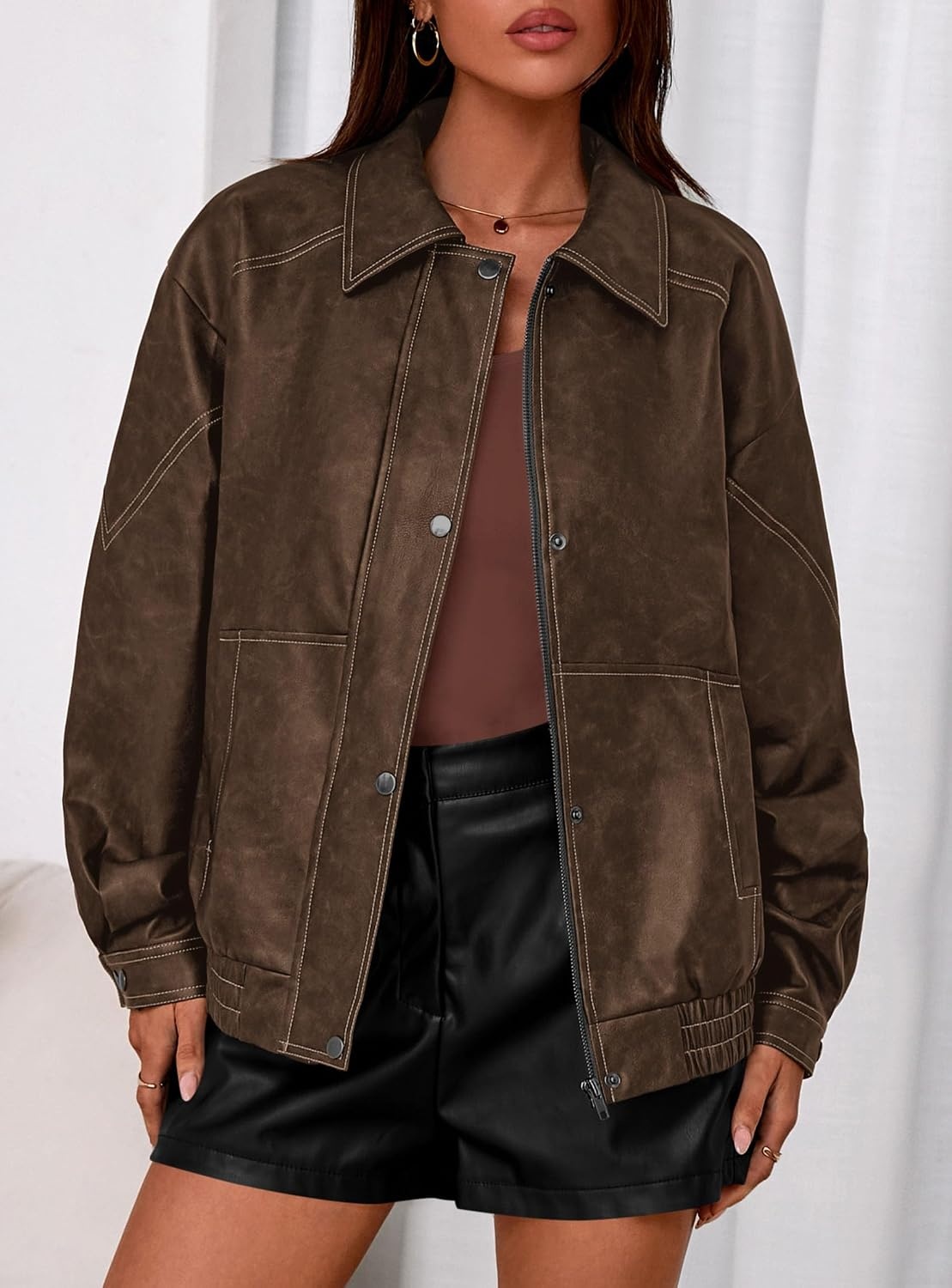 image:imagePRETTYGARDEN Womens Oversized Faux Leather Jacket Fall Winter OutfitsBrown