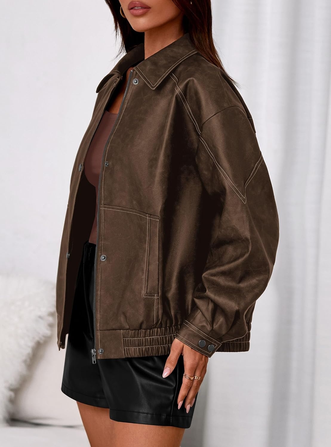 image:imagePRETTYGARDEN Womens Oversized Faux Leather Jacket Fall Winter OutfitsBrown