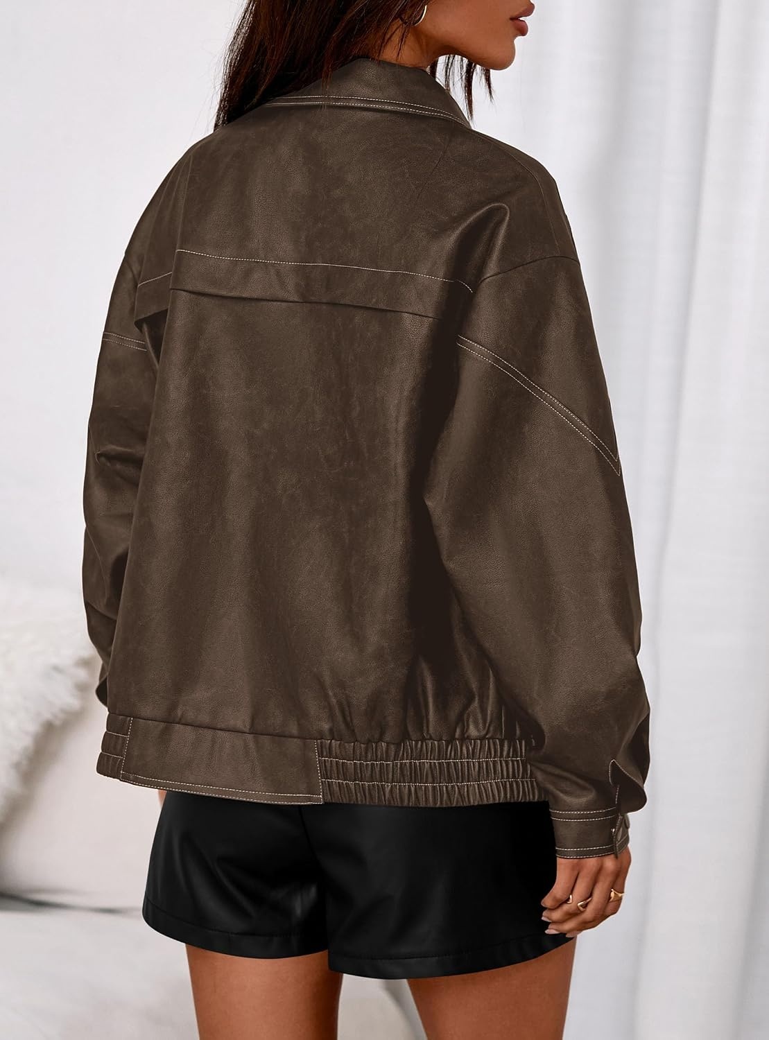 image:imagePRETTYGARDEN Womens Oversized Faux Leather Jacket Fall Winter OutfitsChocolate Brown