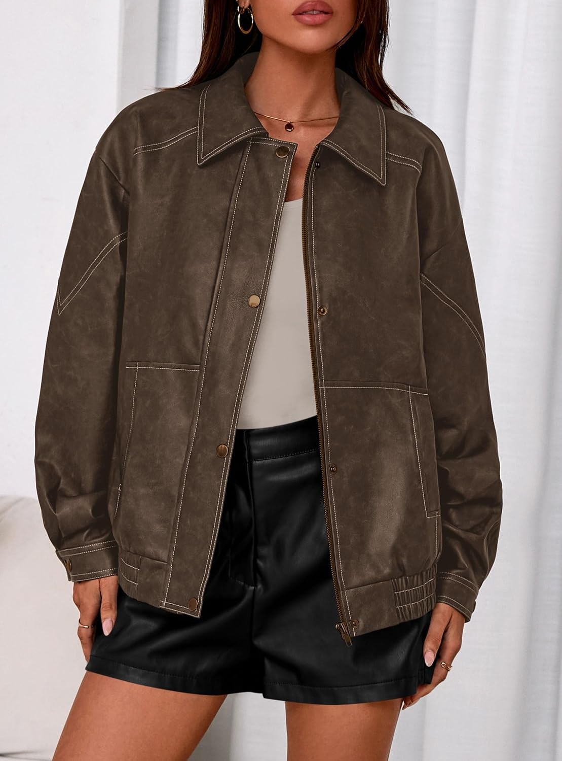 image:imagePRETTYGARDEN Womens Oversized Faux Leather Jacket Fall Winter OutfitsChocolate Brown