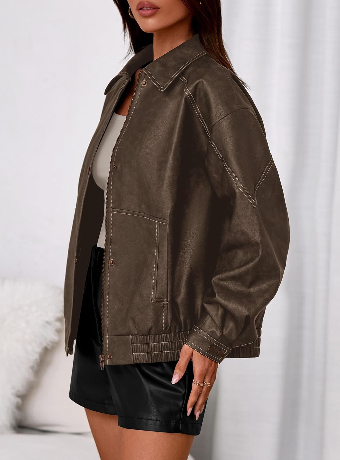 image:imagePRETTYGARDEN Womens Oversized Faux Leather Jacket Fall Winter OutfitsChocolate Brown