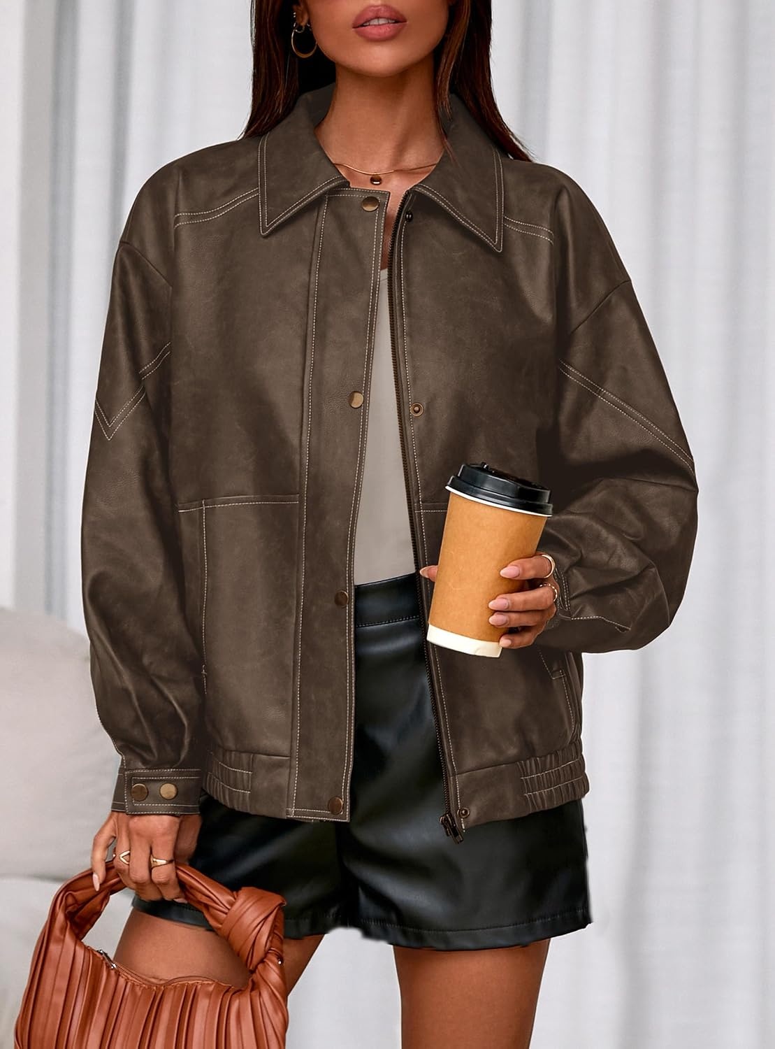 image:imagePRETTYGARDEN Womens Oversized Faux Leather Jacket Fall Winter OutfitsChocolate Brown