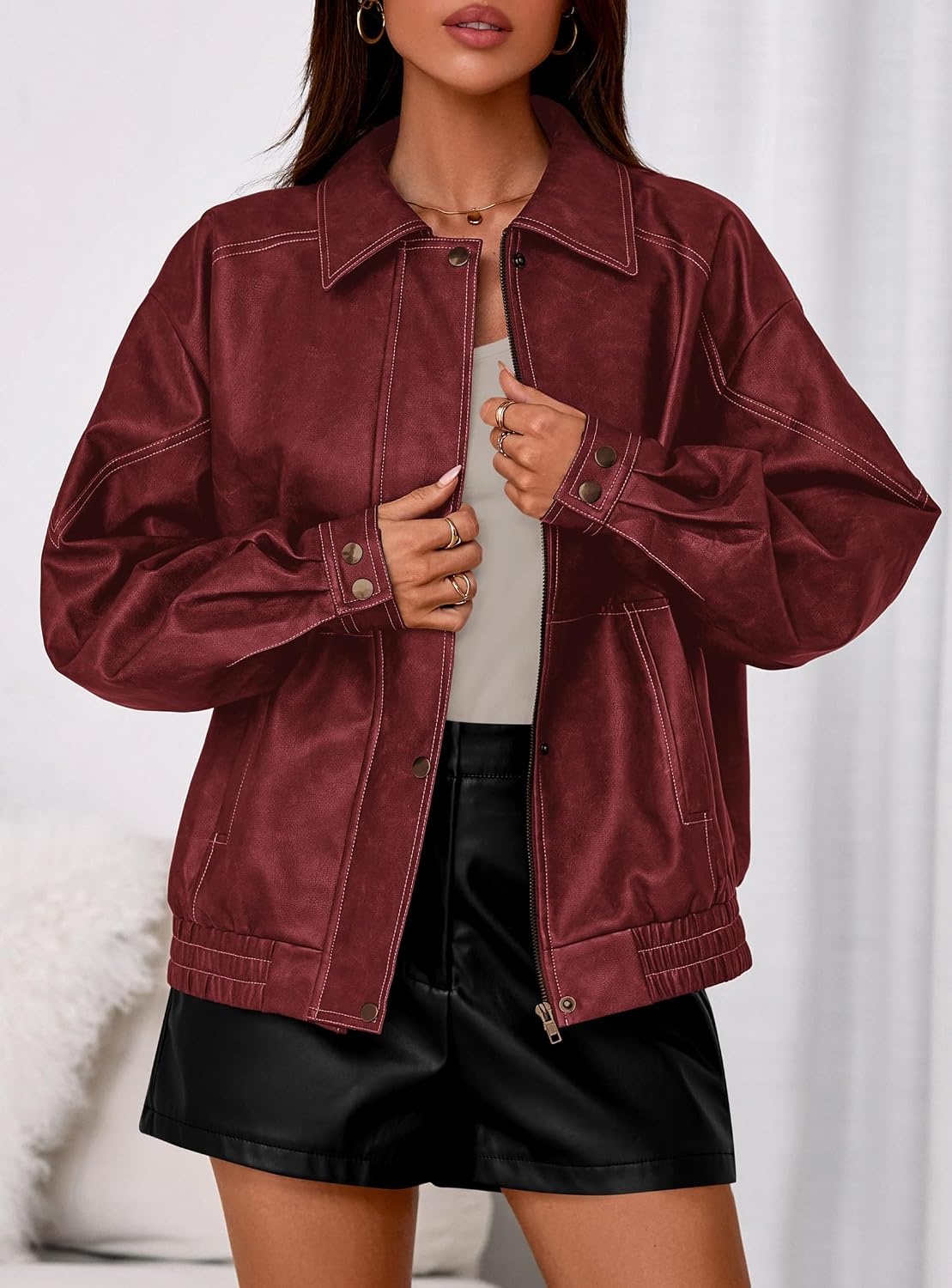 image:imagePRETTYGARDEN Womens Oversized Faux Leather Jacket Fall Winter OutfitsDark Red