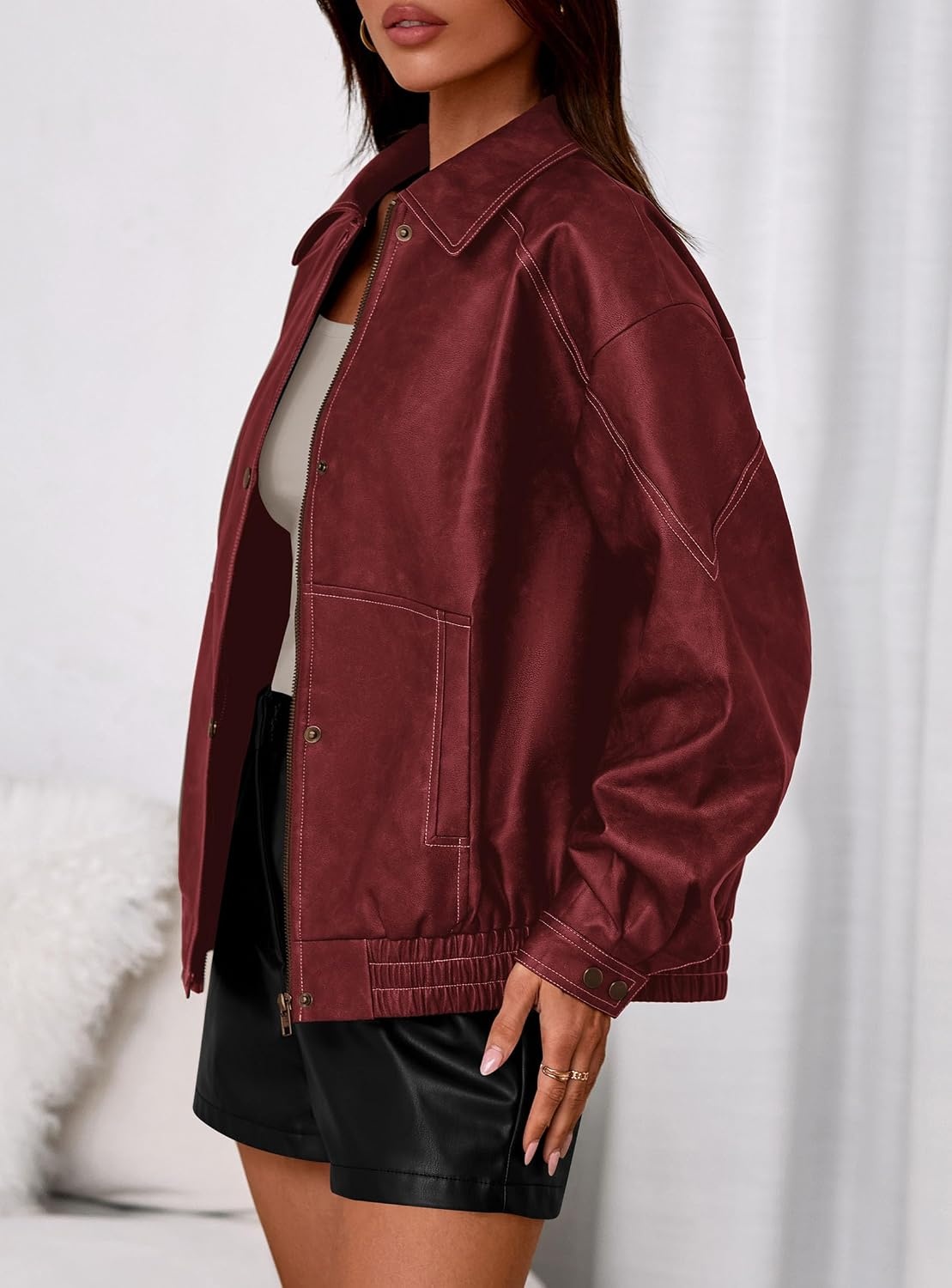 image:imagePRETTYGARDEN Womens Oversized Faux Leather Jacket Fall Winter OutfitsDark Red