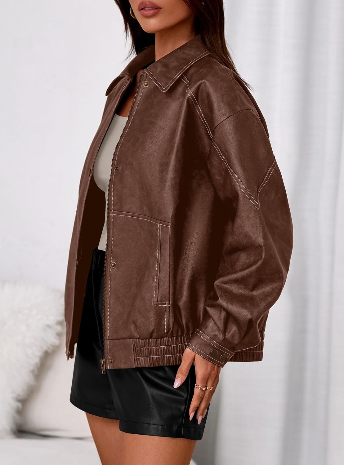 image:imagePRETTYGARDEN Womens Oversized Faux Leather Jacket Fall Winter OutfitsLight Brown