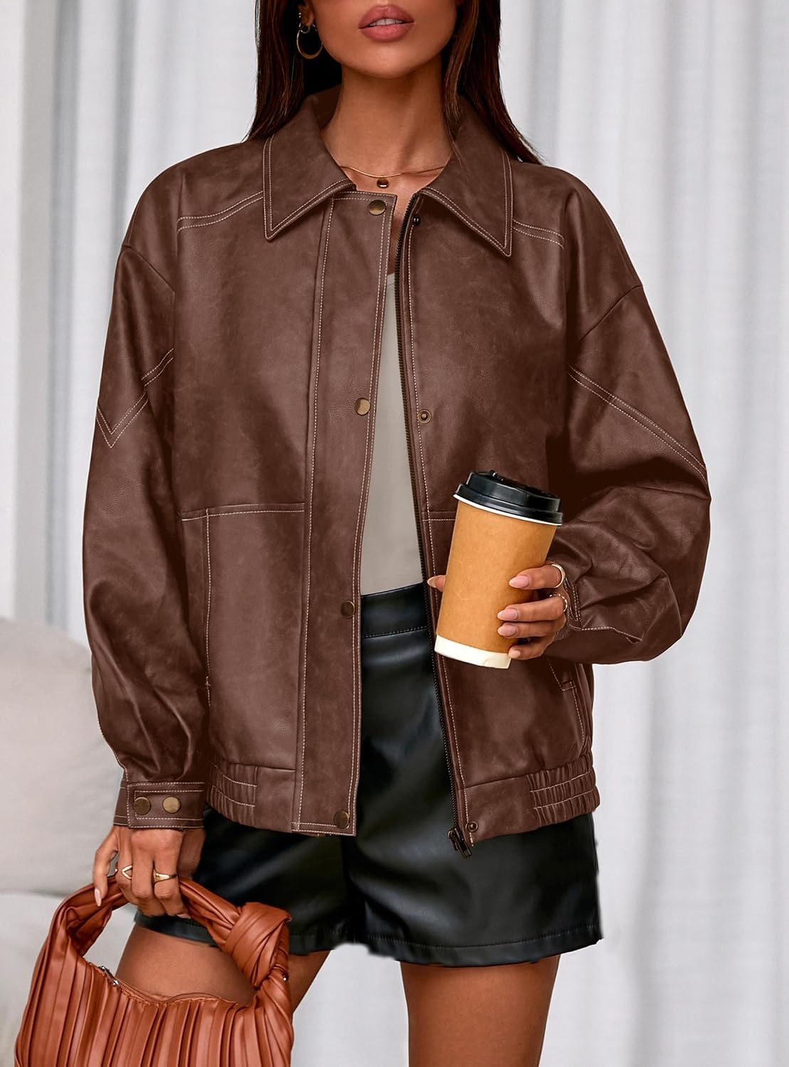 image:imagePRETTYGARDEN Womens Oversized Faux Leather Jacket Fall Winter OutfitsLight Brown