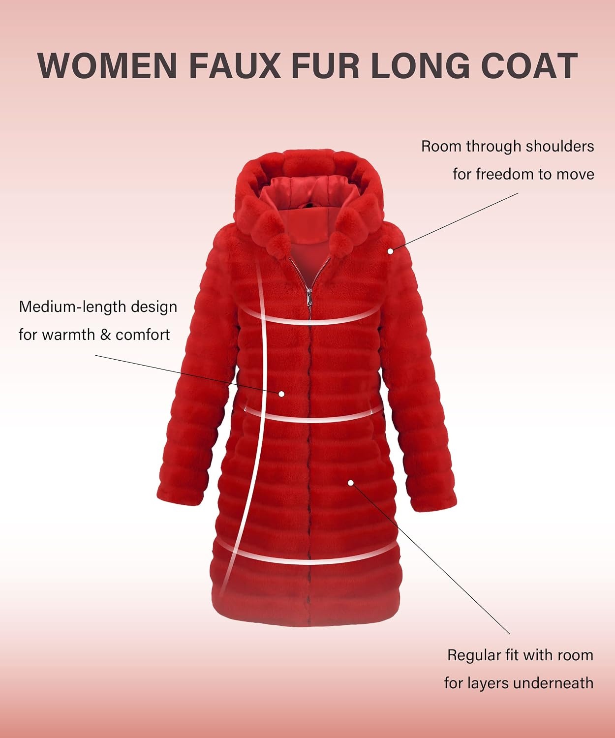 image:imageRISISSIDA Women Long Faux Fur CoatHooded Fleece JacketBright Redhorizontal Texture