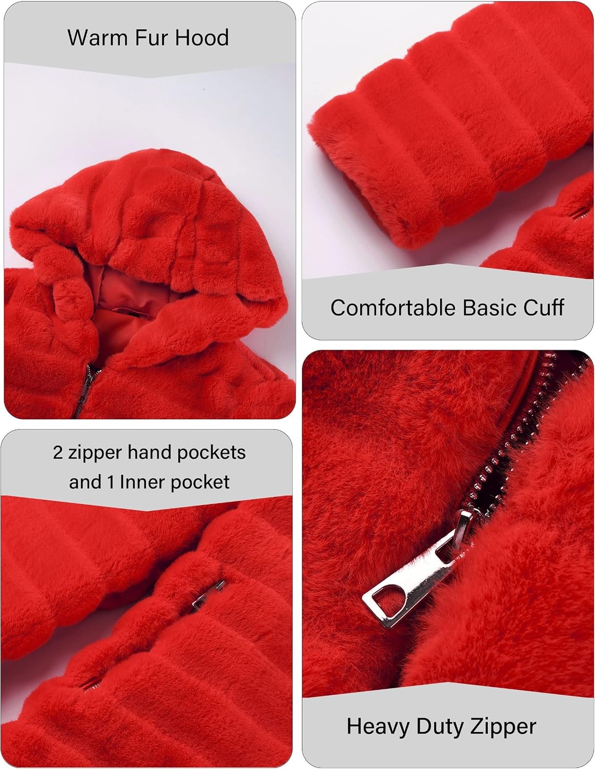 image:imageRISISSIDA Women Long Faux Fur CoatHooded Fleece JacketBright Redhorizontal Texture