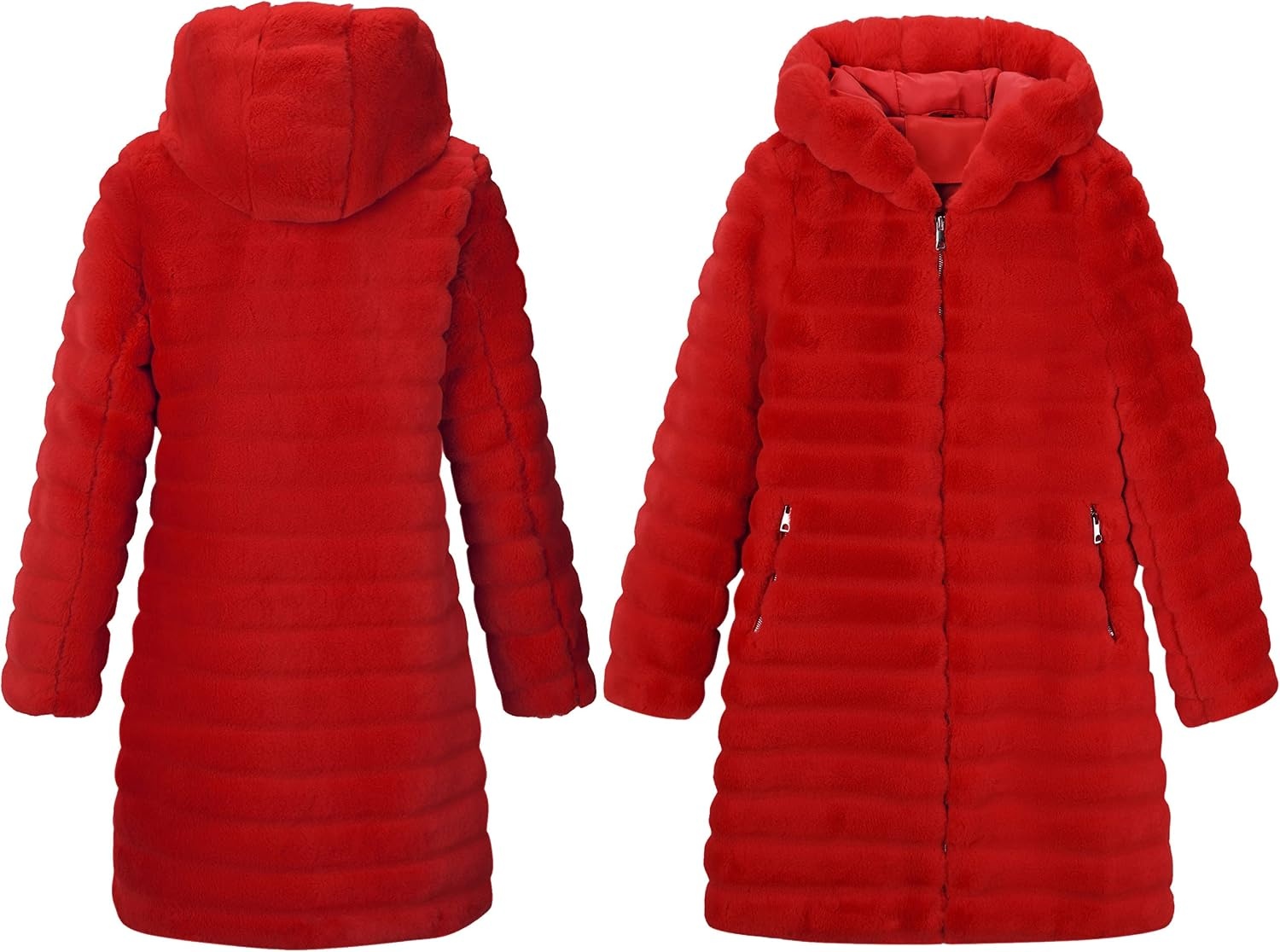 image:imageRISISSIDA Women Long Faux Fur CoatHooded Fleece JacketBright Redhorizontal Texture