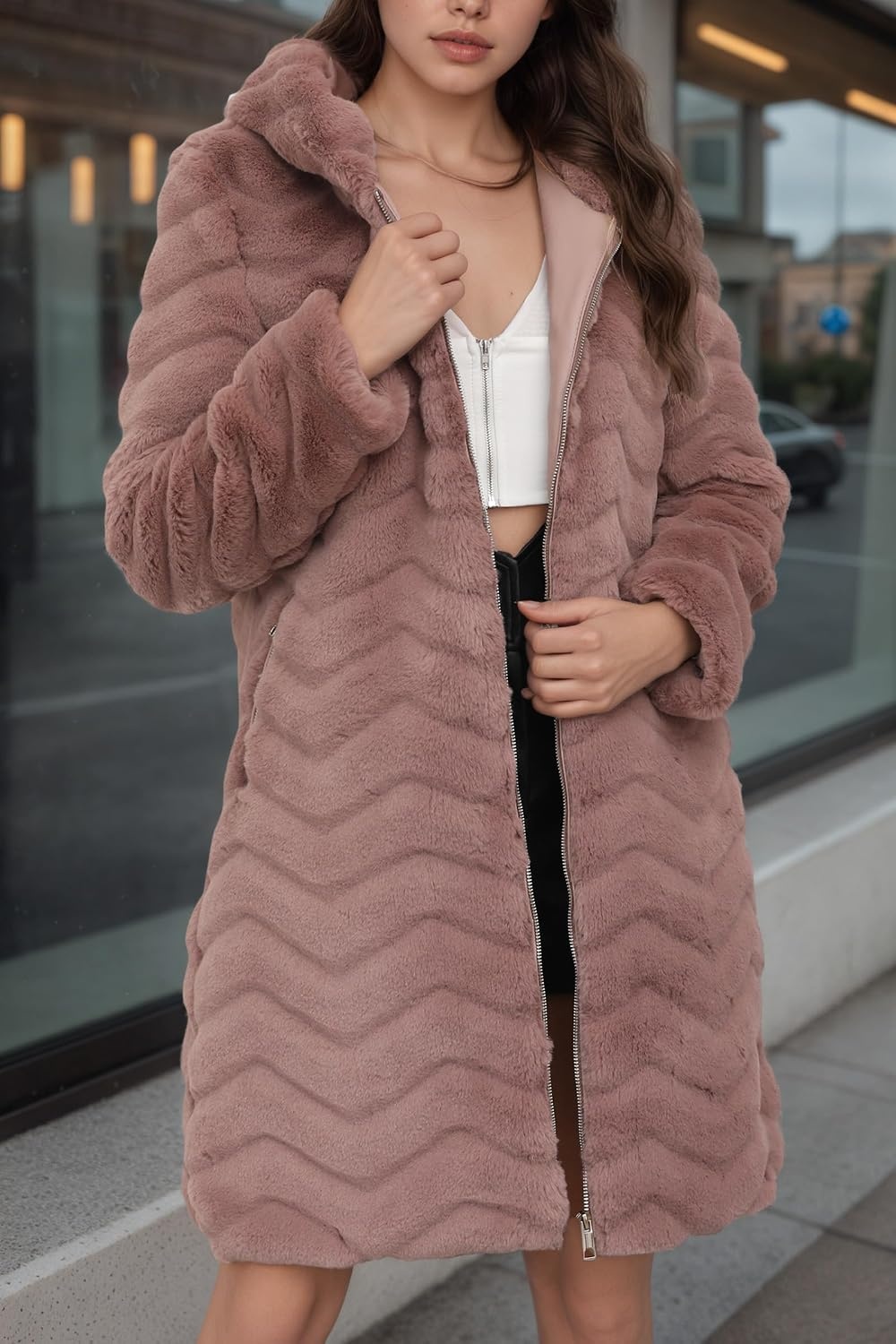image:imageRISISSIDA Women Long Faux Fur CoatHooded Fleece JacketBrown Pinkwave Texture