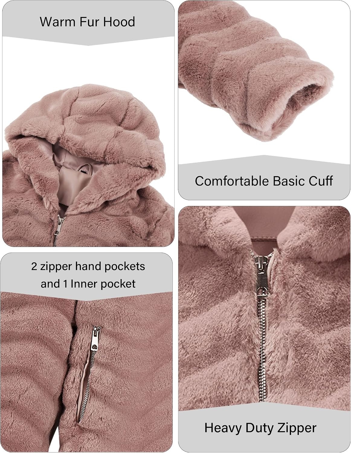 image:imageRISISSIDA Women Long Faux Fur CoatHooded Fleece JacketBrown Pinkwave Texture