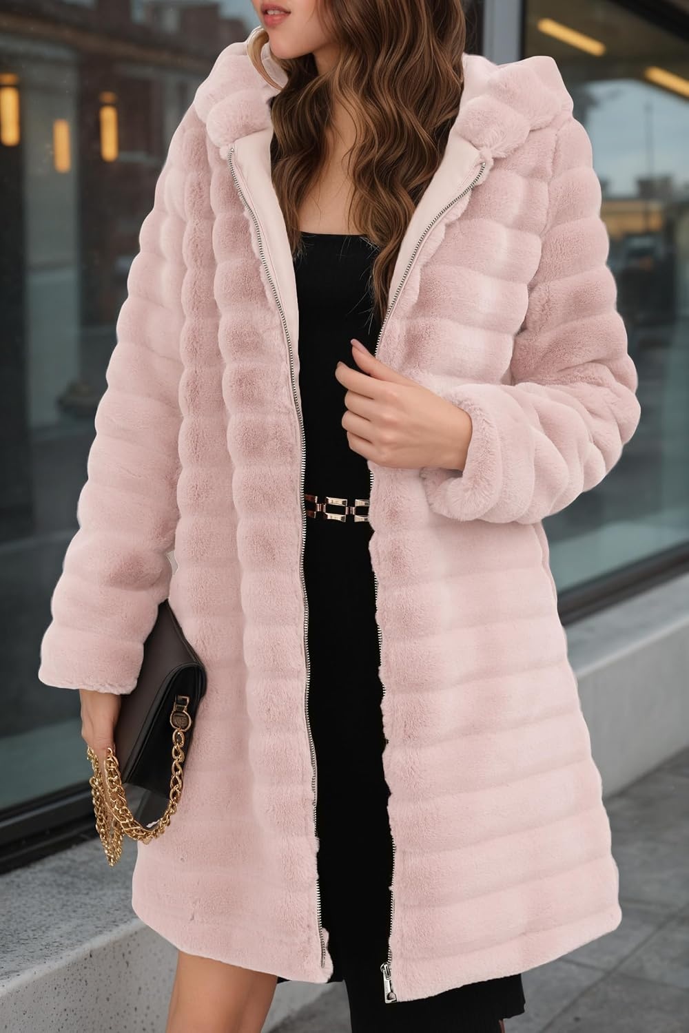 image:imageRISISSIDA Women Long Faux Fur CoatHooded Fleece JacketLight Pinkhorizontal Texture