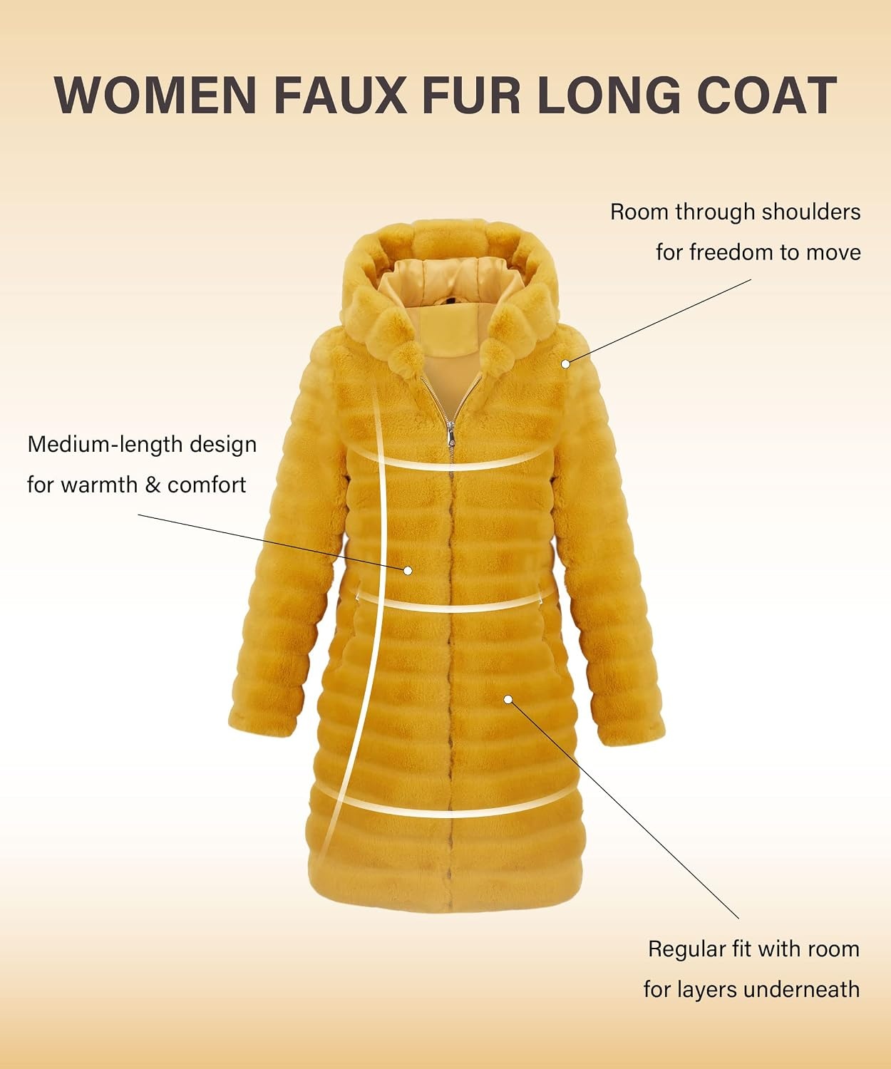 image:imageRISISSIDA Women Long Faux Fur CoatHooded Fleece JacketYellowhorizontal Texture