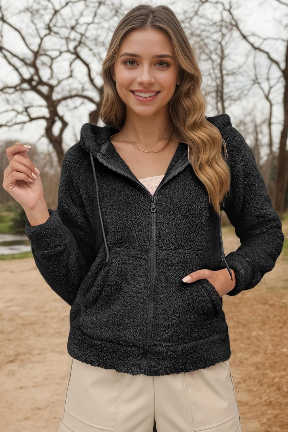 image:imageRISISSIDA Women Sherpa Faux Fur Jacket HoodedFleece Soft HoodieBlack