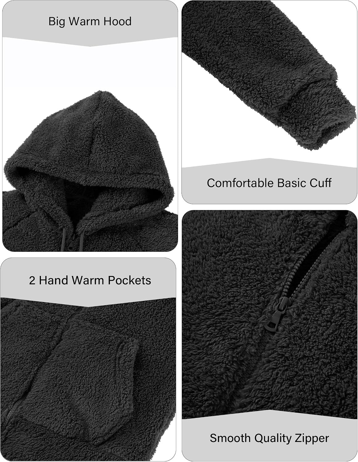 image:imageRISISSIDA Women Sherpa Faux Fur Jacket HoodedFleece Soft HoodieBlack