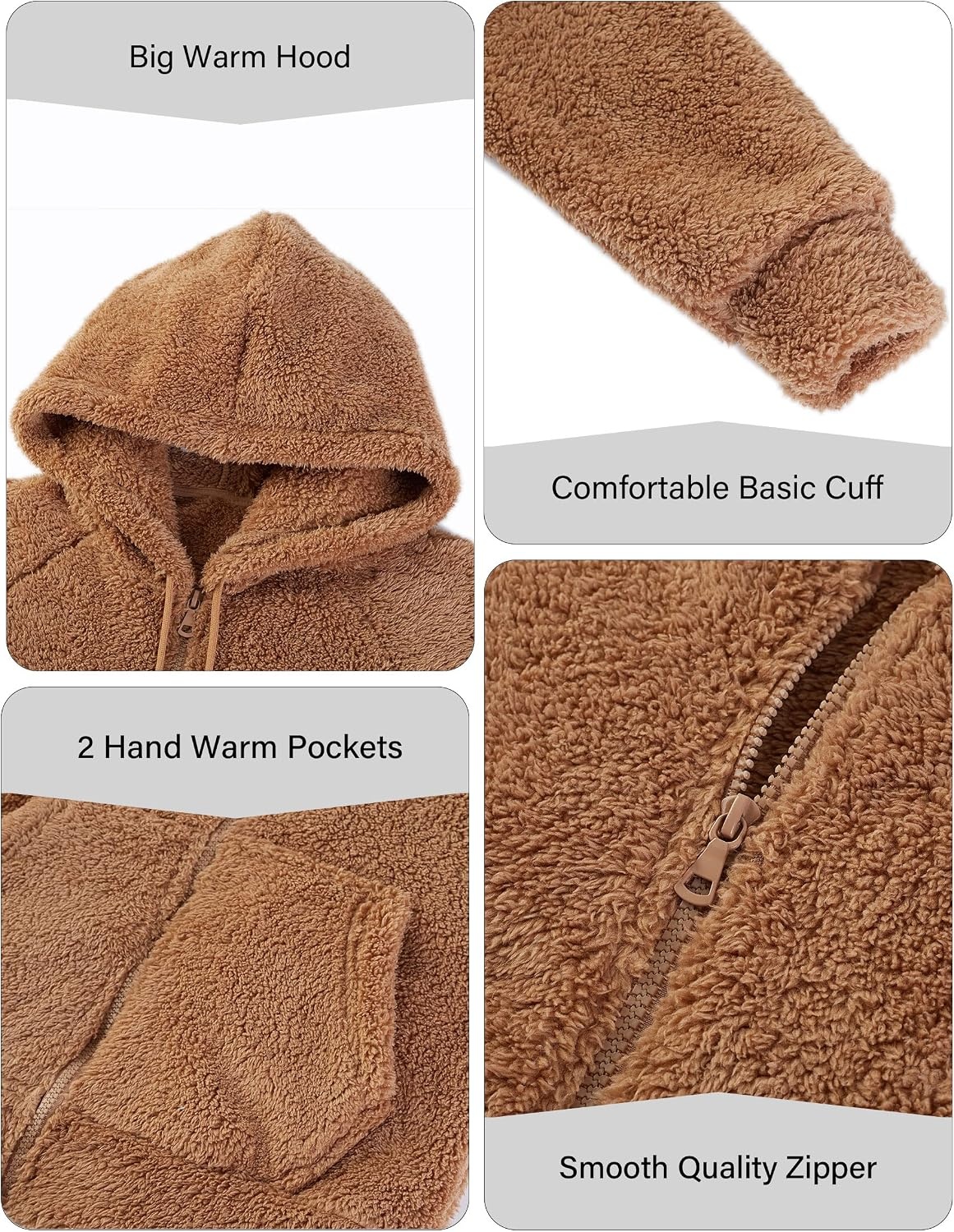 image:imageRISISSIDA Women Sherpa Faux Fur Jacket HoodedFleece Soft HoodieCamel Brown