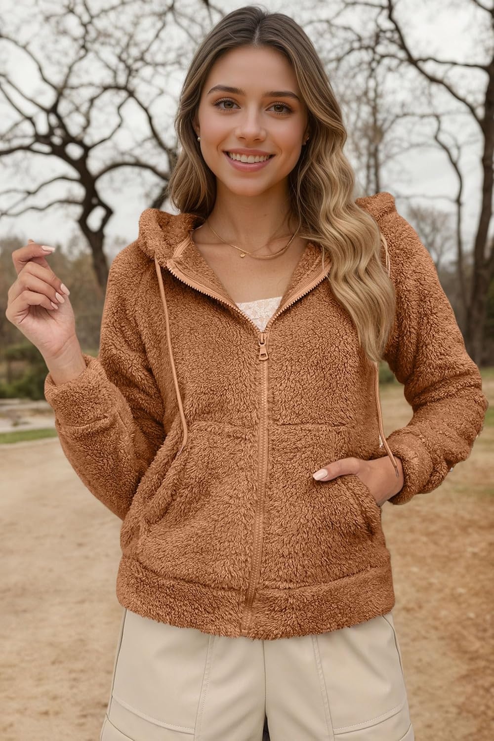 image:imageRISISSIDA Women Sherpa Faux Fur Jacket HoodedFleece Soft HoodieCamel Brown