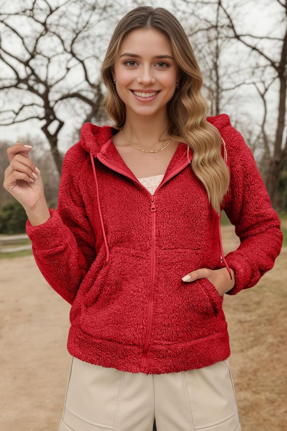 image:imageRISISSIDA Women Sherpa Faux Fur Jacket HoodedFleece Soft HoodieRed