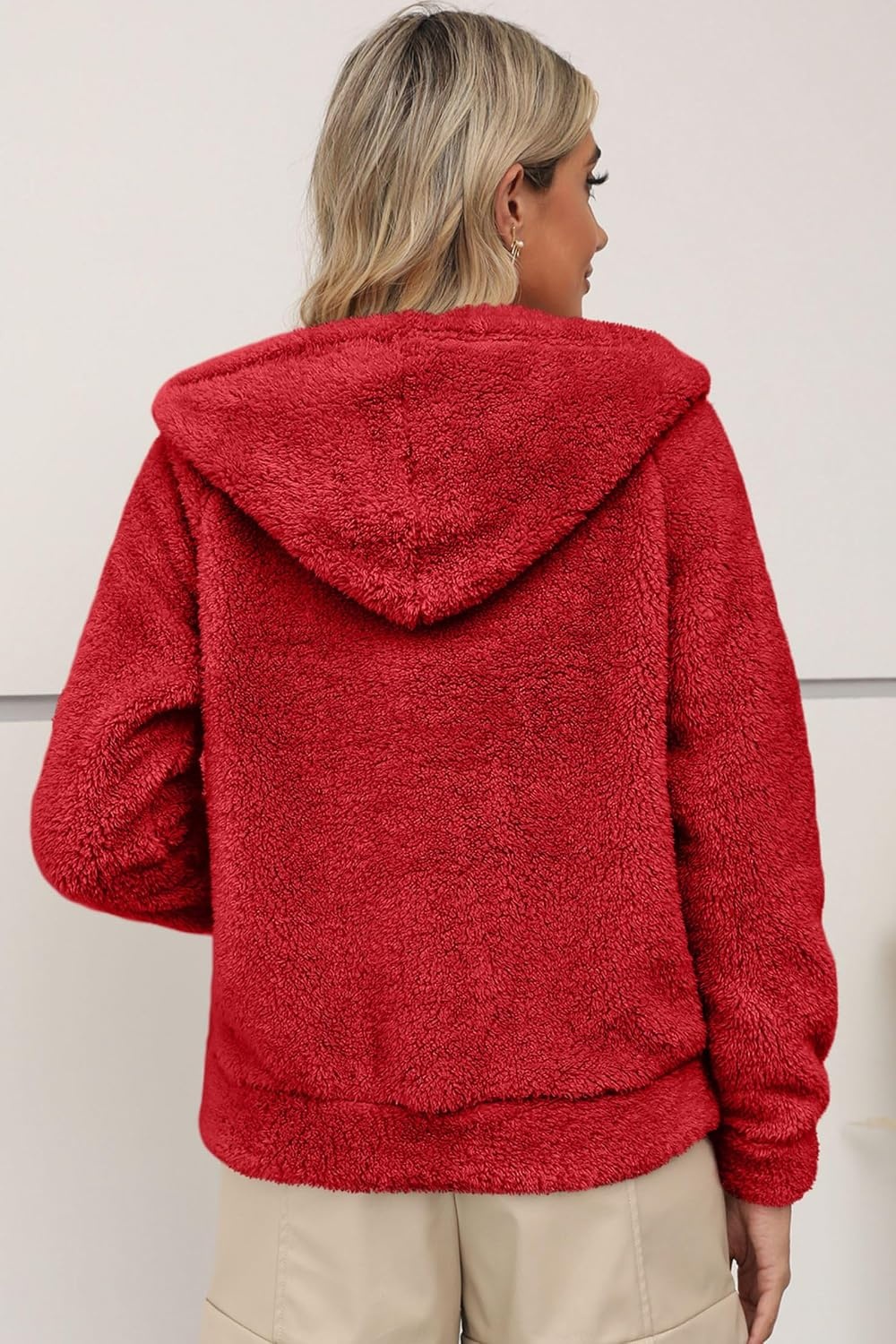 image:imageRISISSIDA Women Sherpa Faux Fur Jacket HoodedFleece Soft HoodieRed