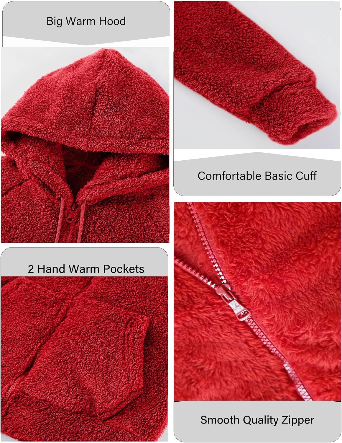 image:imageRISISSIDA Women Sherpa Faux Fur Jacket HoodedFleece Soft HoodieRed