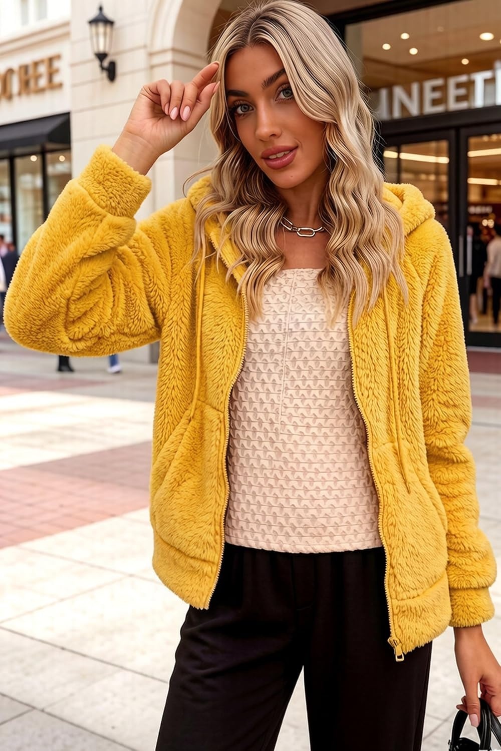 image:imageRISISSIDA Women Sherpa Faux Fur Jacket HoodedFleece Soft HoodieYellow