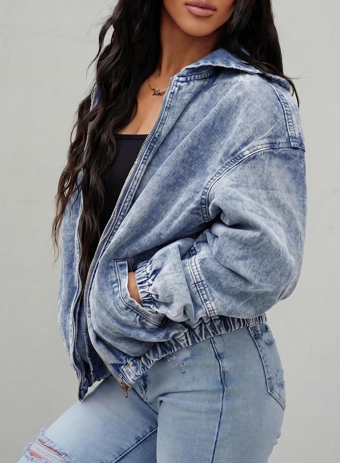image:imageSHEWIN Womens Jean Jacket Vintage Long Sleeve Drop Shoulder Zip Up Elastic Hem Loose Washed Hooded Bomber Jacket CoatBeau Blue