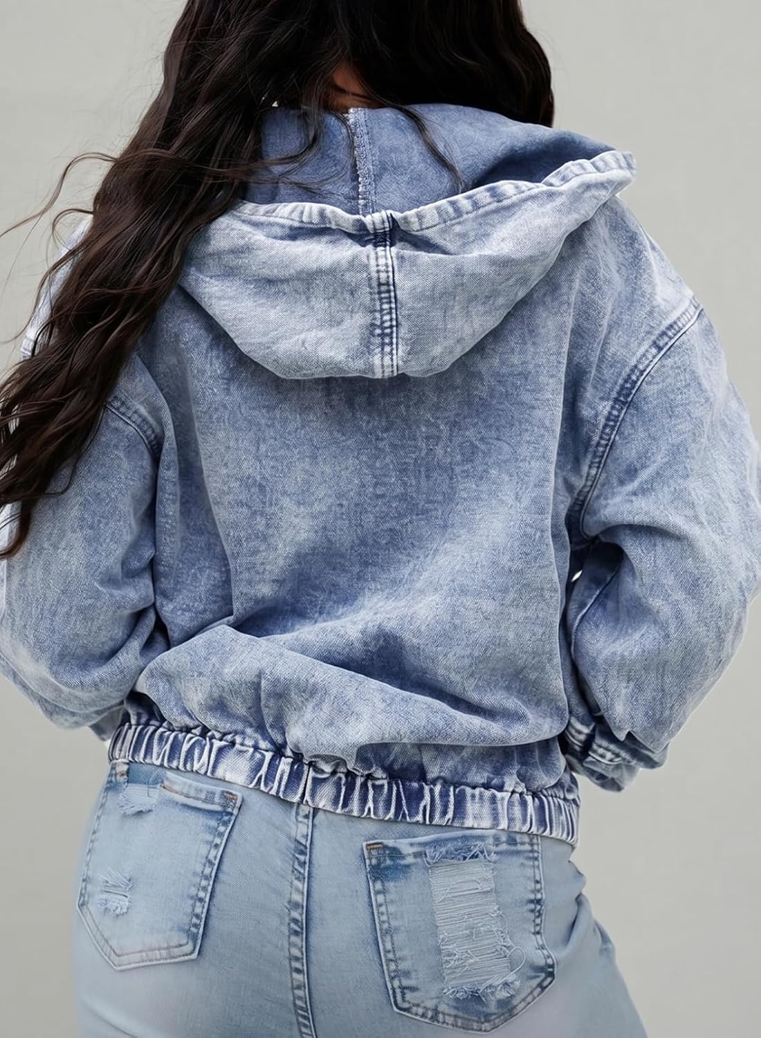 image:imageSHEWIN Womens Jean Jacket Vintage Long Sleeve Drop Shoulder Zip Up Elastic Hem Loose Washed Hooded Bomber Jacket CoatBeau Blue