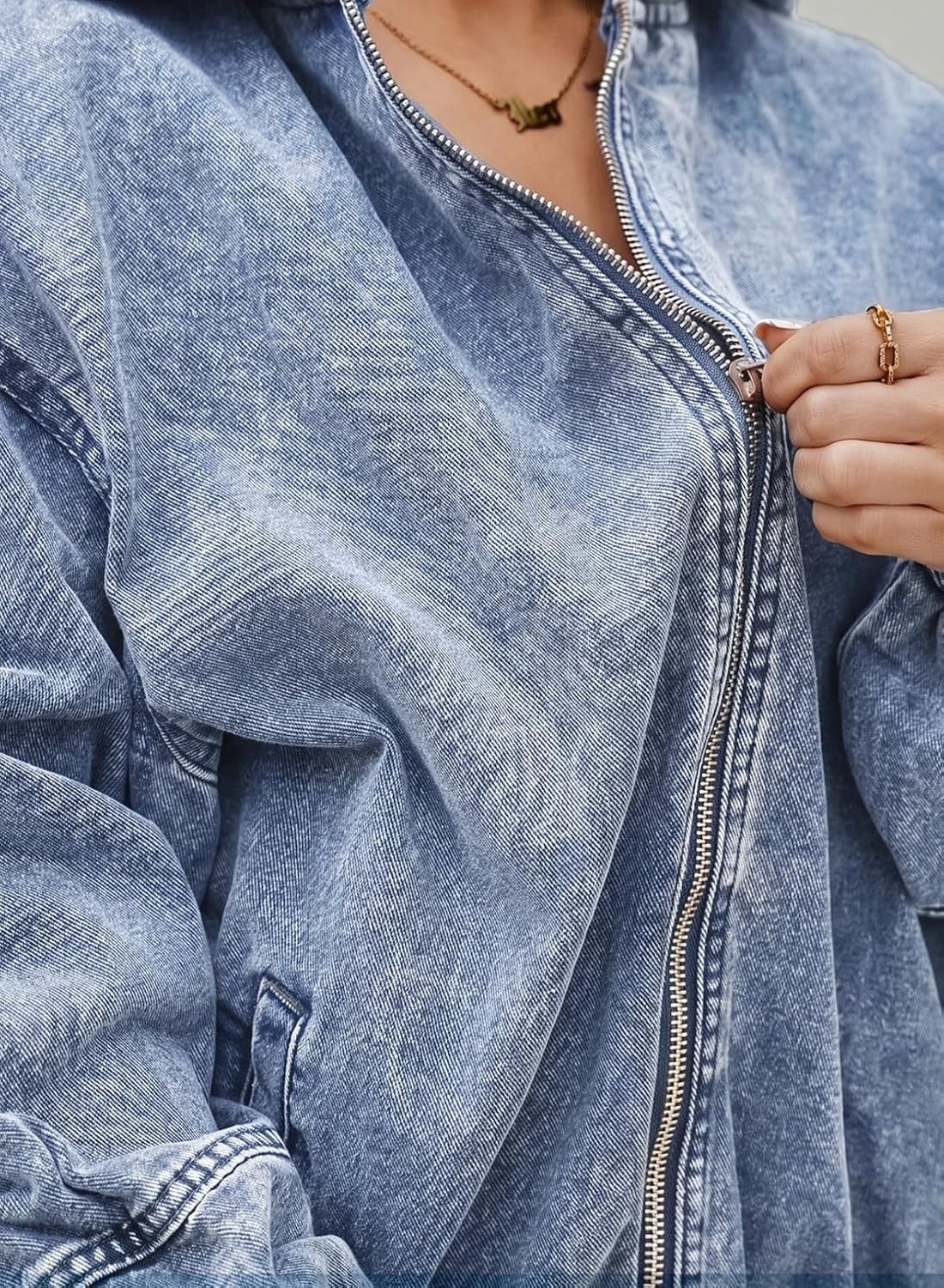 image:imageSHEWIN Womens Jean Jacket Vintage Long Sleeve Drop Shoulder Zip Up Elastic Hem Loose Washed Hooded Bomber Jacket CoatBeau Blue