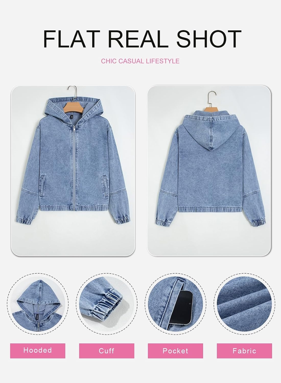 image:imageSHEWIN Womens Jean Jacket Vintage Long Sleeve Drop Shoulder Zip Up Elastic Hem Loose Washed Hooded Bomber Jacket CoatBeau Blue
