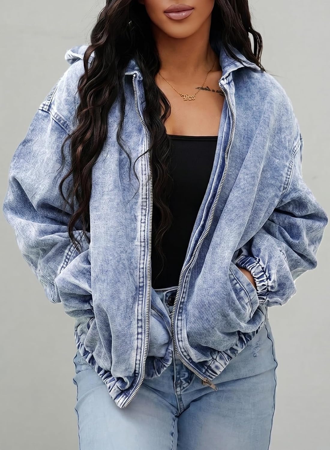 image:imageSHEWIN Womens Jean Jacket Vintage Long Sleeve Drop Shoulder Zip Up Elastic Hem Loose Washed Hooded Bomber Jacket CoatBeau Blue