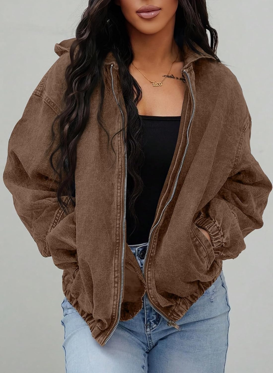 image:imageSHEWIN Womens Jean Jacket Vintage Long Sleeve Drop Shoulder Zip Up Elastic Hem Loose Washed Hooded Bomber Jacket CoatBrown