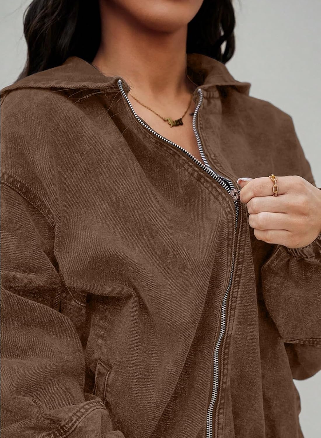 image:imageSHEWIN Womens Jean Jacket Vintage Long Sleeve Drop Shoulder Zip Up Elastic Hem Loose Washed Hooded Bomber Jacket CoatBrown