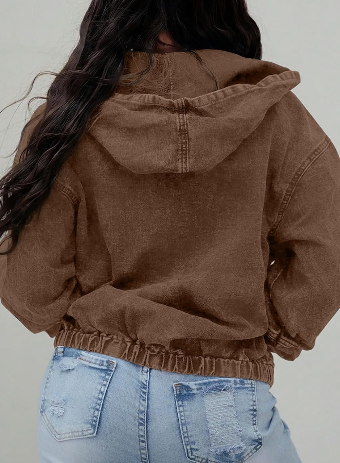 image:imageSHEWIN Womens Jean Jacket Vintage Long Sleeve Drop Shoulder Zip Up Elastic Hem Loose Washed Hooded Bomber Jacket CoatBrown