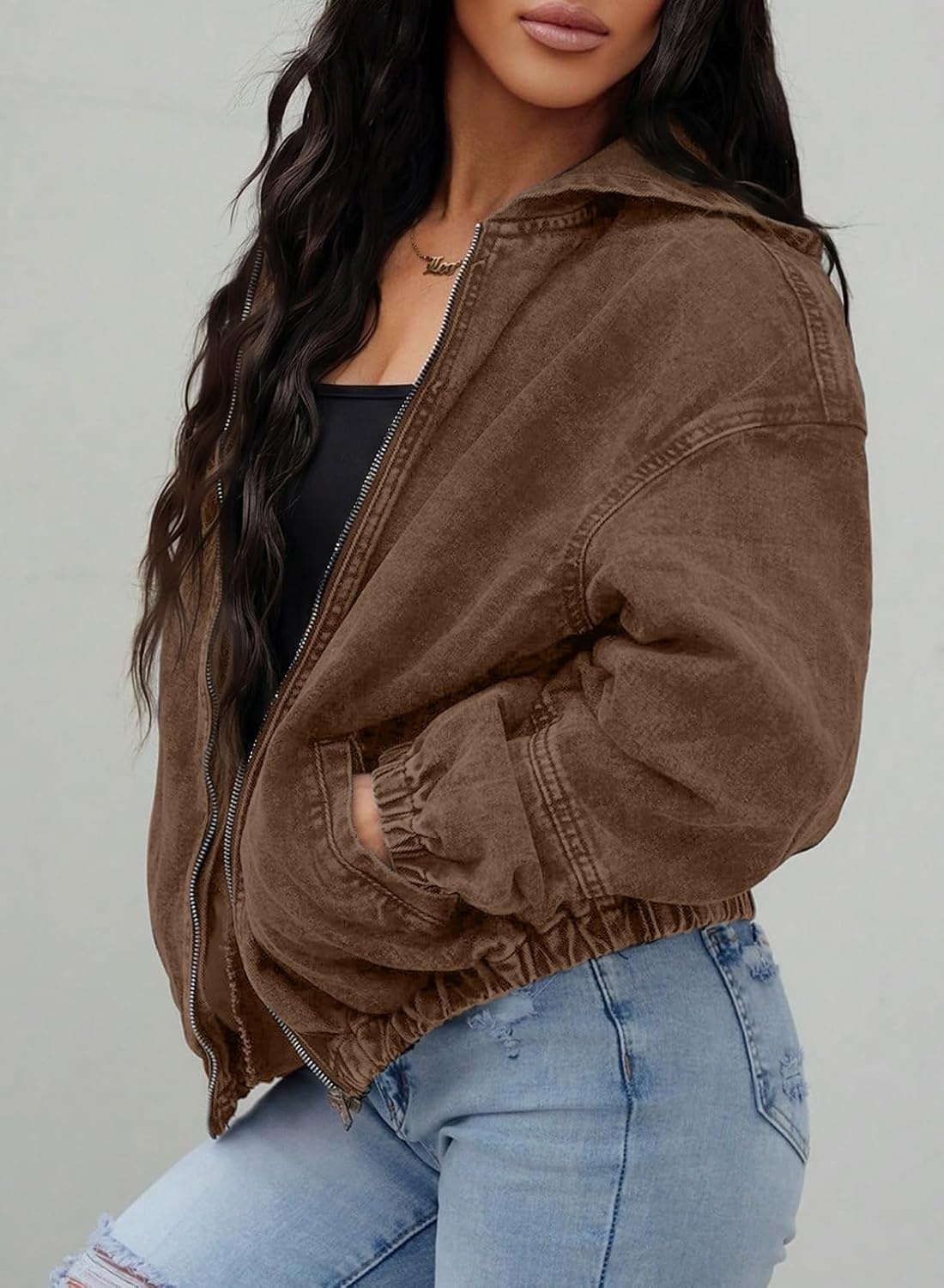 image:imageSHEWIN Womens Jean Jacket Vintage Long Sleeve Drop Shoulder Zip Up Elastic Hem Loose Washed Hooded Bomber Jacket CoatBrown