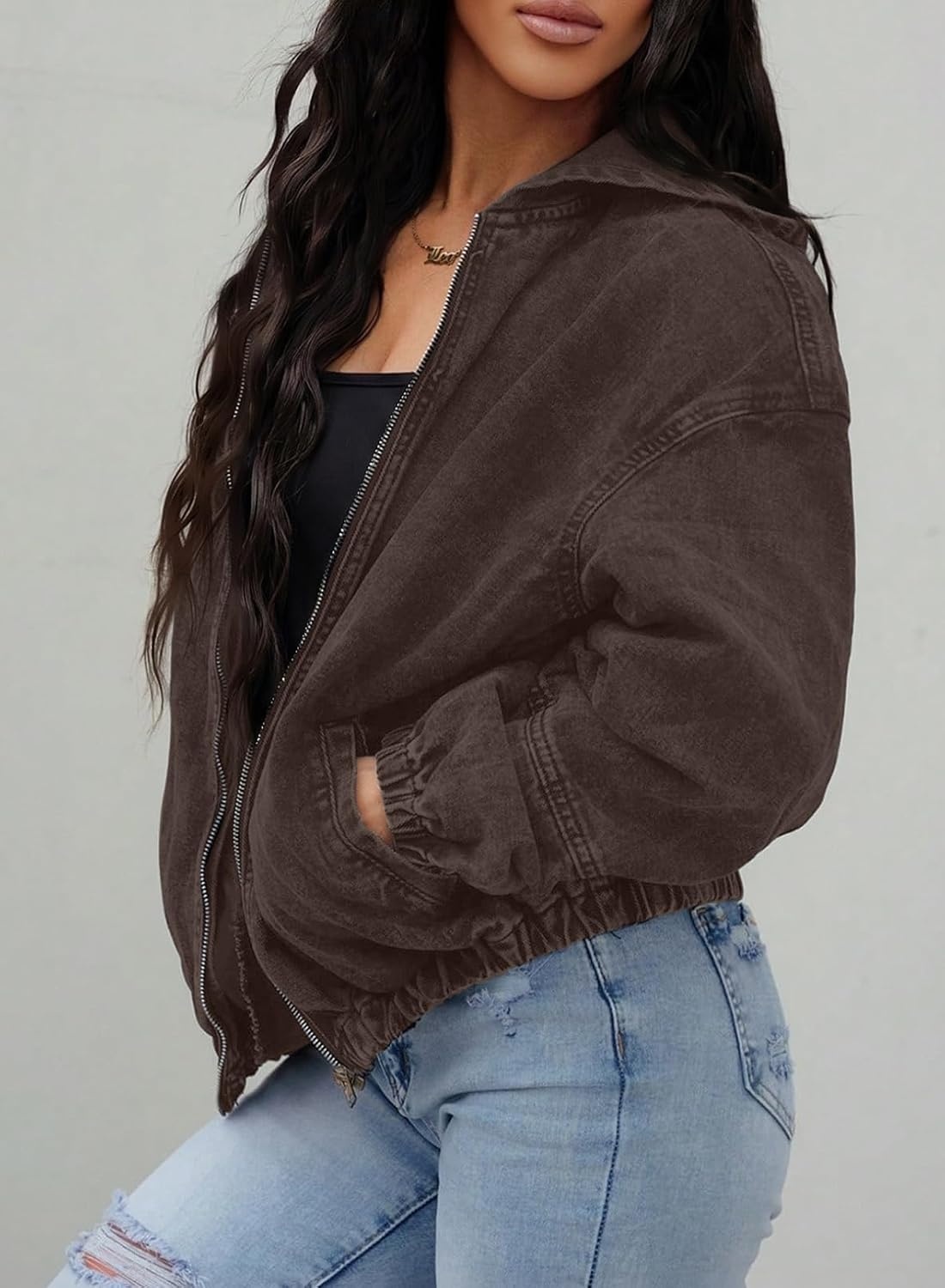 image:imageSHEWIN Womens Jean Jacket Vintage Long Sleeve Drop Shoulder Zip Up Elastic Hem Loose Washed Hooded Bomber Jacket CoatCoffee