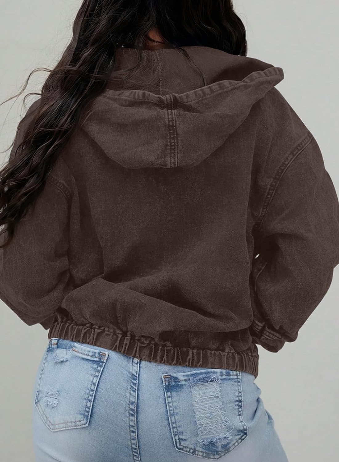 image:imageSHEWIN Womens Jean Jacket Vintage Long Sleeve Drop Shoulder Zip Up Elastic Hem Loose Washed Hooded Bomber Jacket CoatCoffee